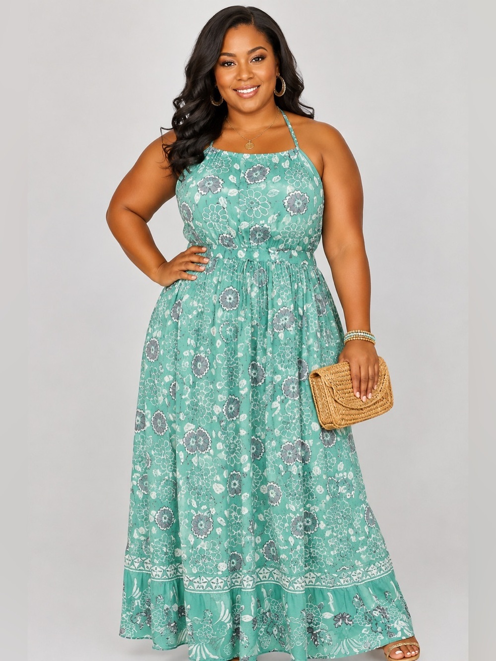 SHEIN Green Floral Halter Maxi Dress XXL Backless Summer Vacation